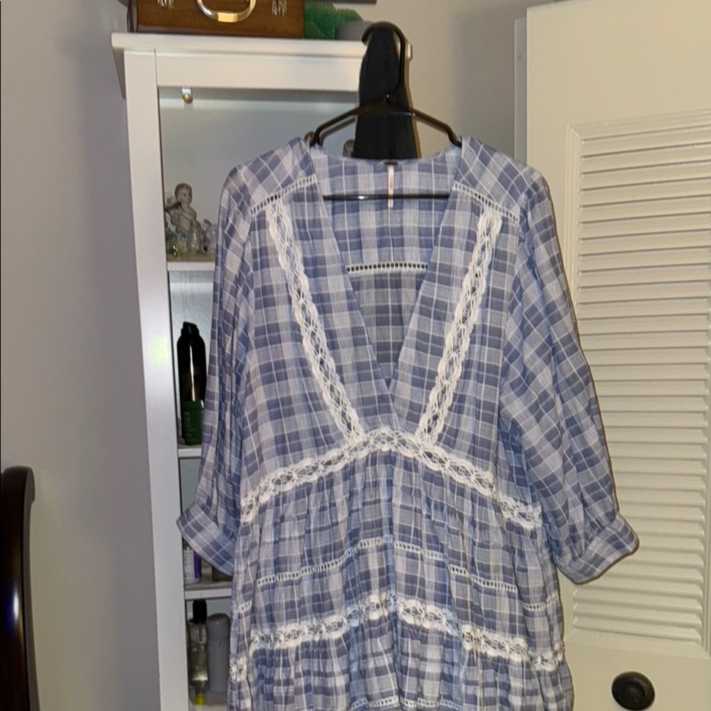 Blue Plaid Dress with Lace Details